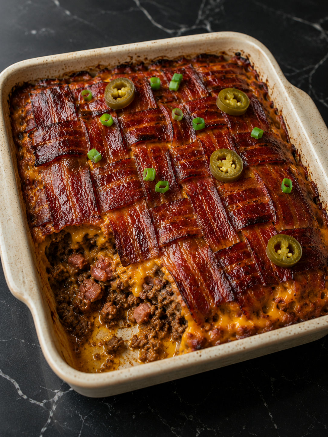 Bacon Explosion Casserole square with bacon lattice, barbecue glaze, and cheddar