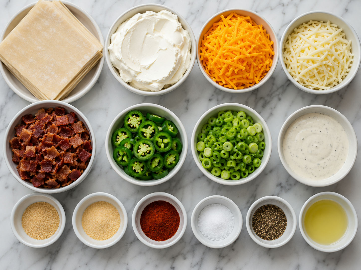 Ingredients for bacon jalapeño popper eggrolls on a wooden surface