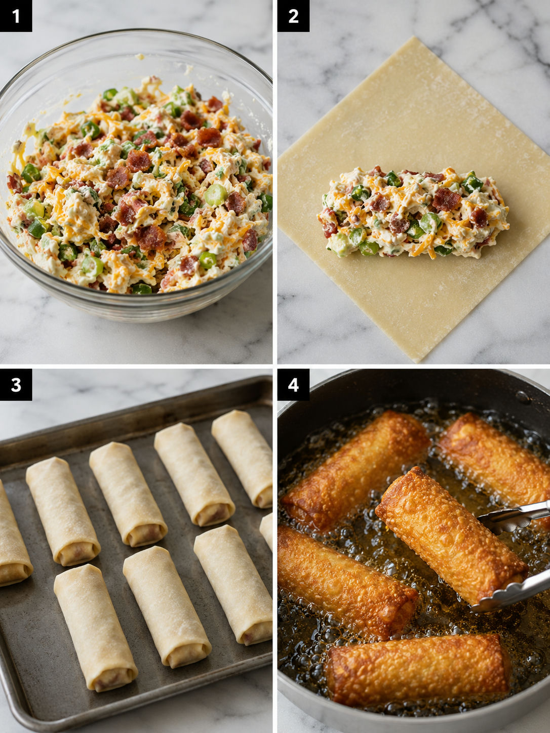 Four steps for making bacon jalapeño popper eggrolls