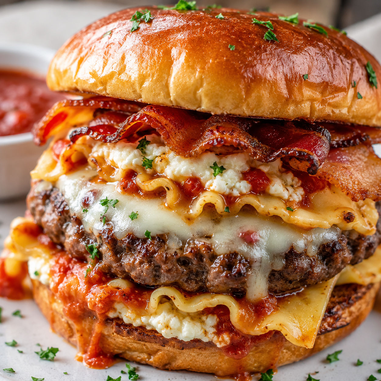 Bacon lasagna burger stack with crispy pasta, bacon, marinara, and melted cheese