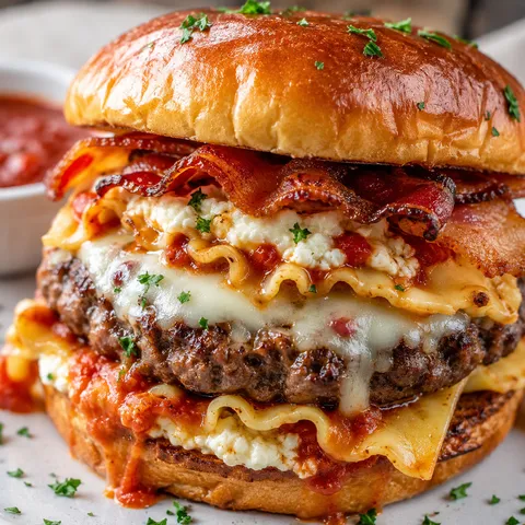 Bacon lasagna burger stack with crispy pasta, bacon, marinara, and melted cheese