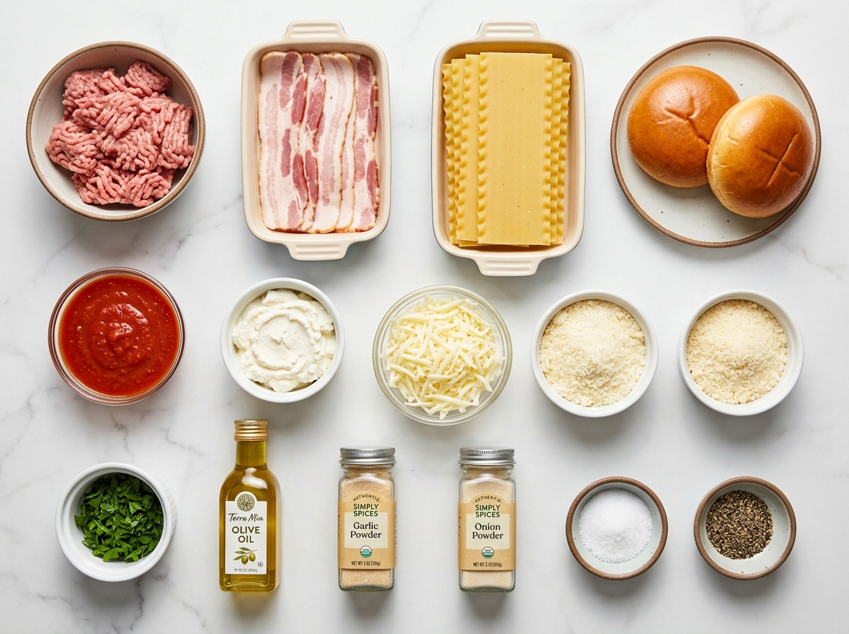 Ingredients for bacon lasagna burger stacks with beef, bacon, noodles, and cheese