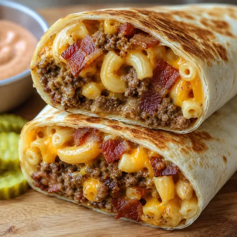 Bacon mac cheese burger wrap sliced with cheddar, beef, and bacon