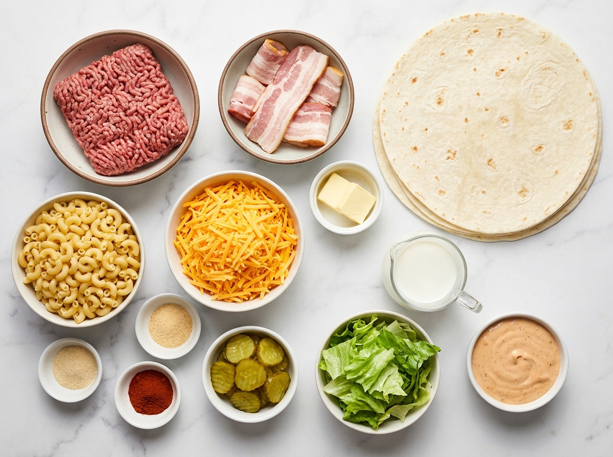 Ingredients for bacon mac cheese burger wraps with beef, bacon, pasta, and cheddar
