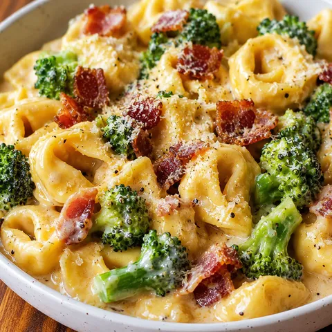 Bacon tortellini with broccoli and cheese in a shallow bowl