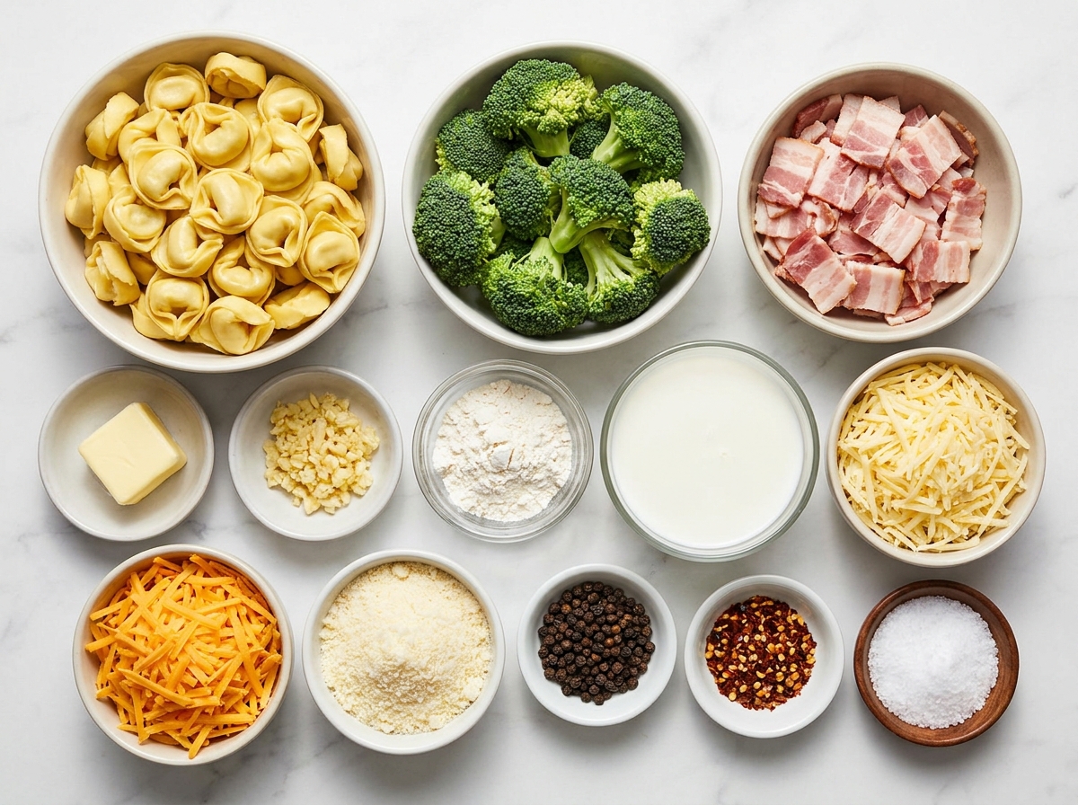 Ingredients for bacon tortellini with broccoli and cheese on wood