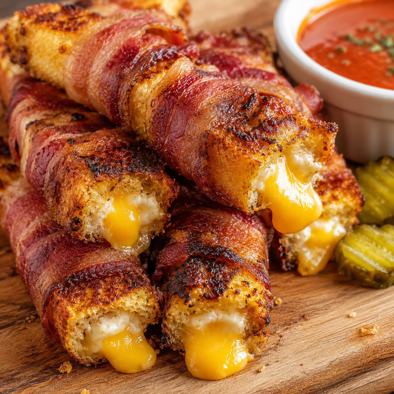 Bacon-wrapped grilled cheese fingers with melted cheddar and tomato dip