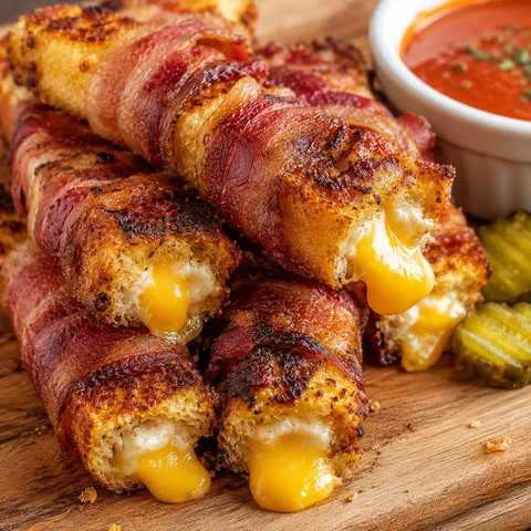 Bacon-wrapped grilled cheese fingers with melted cheddar and tomato dip