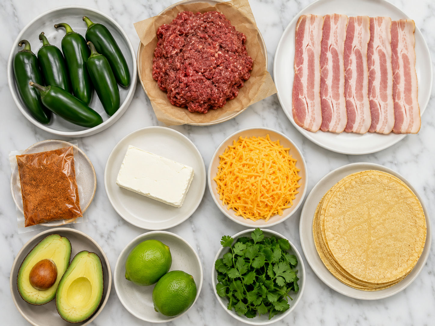 Raw ingredients for jalapeño popper tacos including jalapeños, beef, cream cheese, cheddar, and bacon