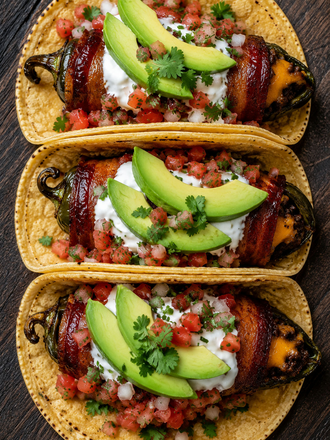 Overhead view of bacon-wrapped jalapeño popper tacos with crema, avocado, and pico de gallo