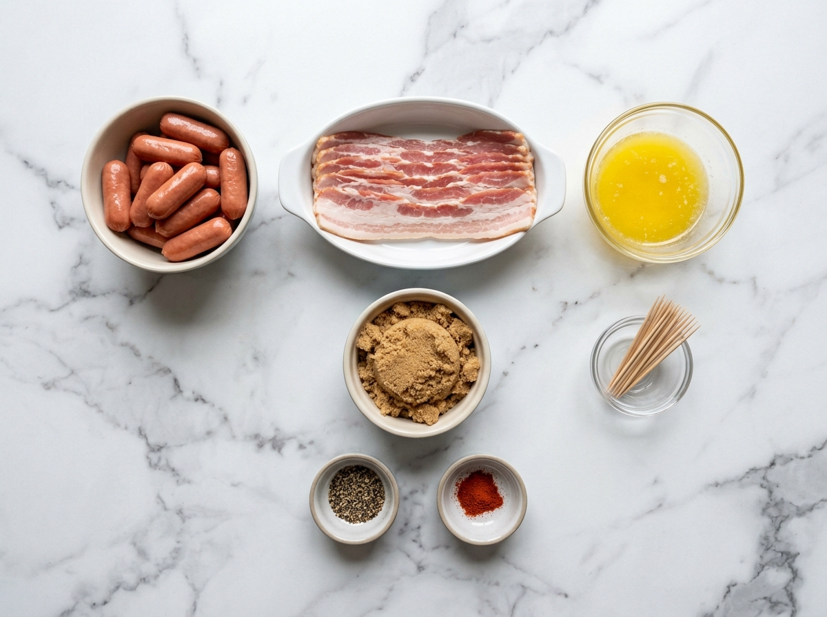 Little smokies, bacon, brown sugar, butter, and toothpicks on a wood surface