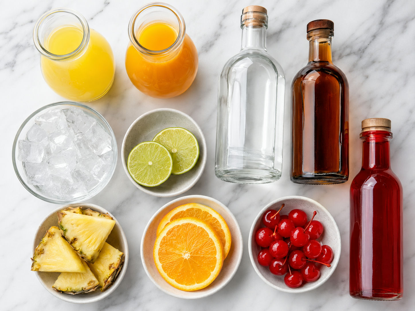 Ingredients for Bahama Mama drink with rum, juices, lime, and fruit garnish