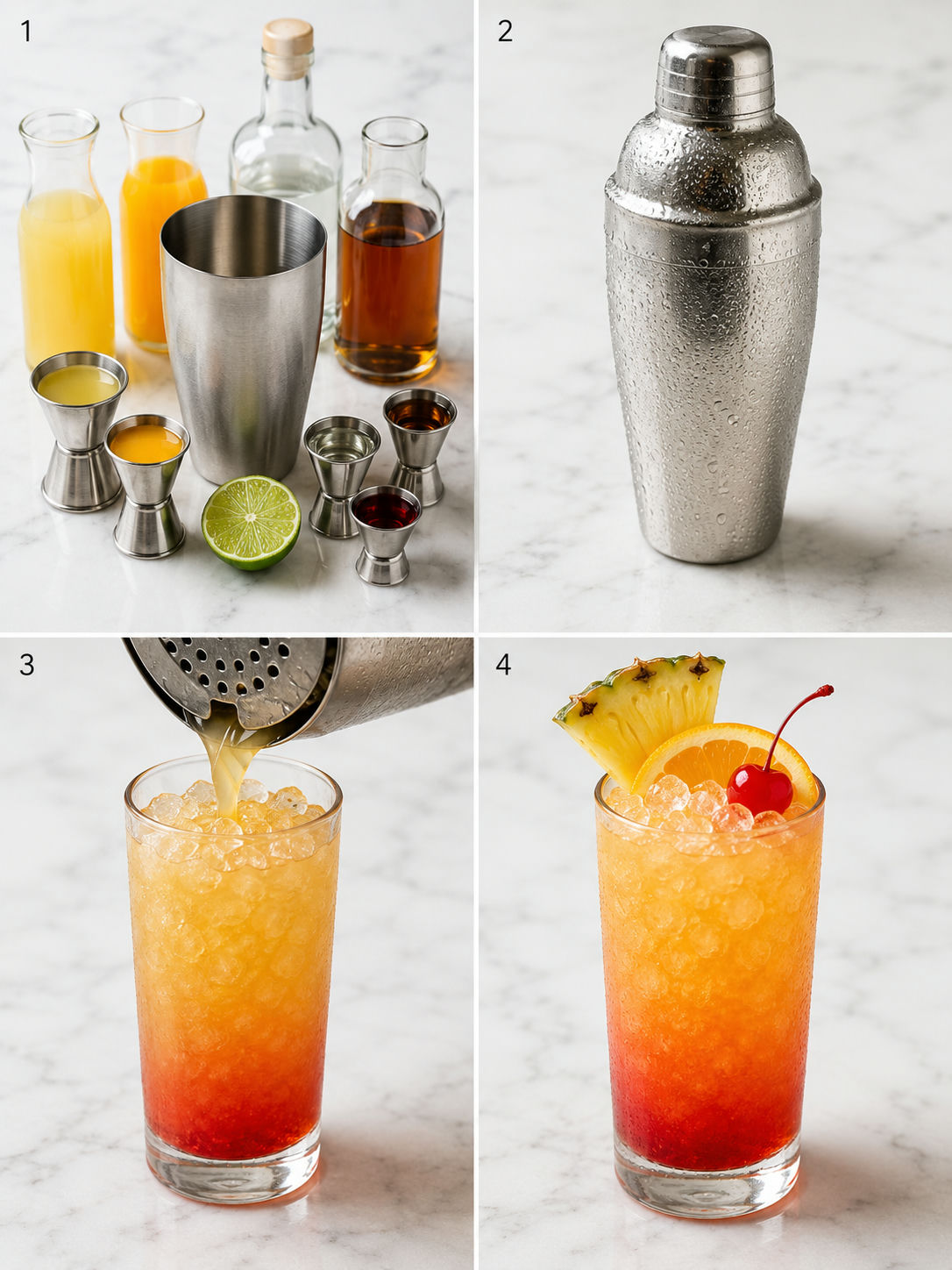 Four steps for shaking and serving a Bahama Mama tropical drink