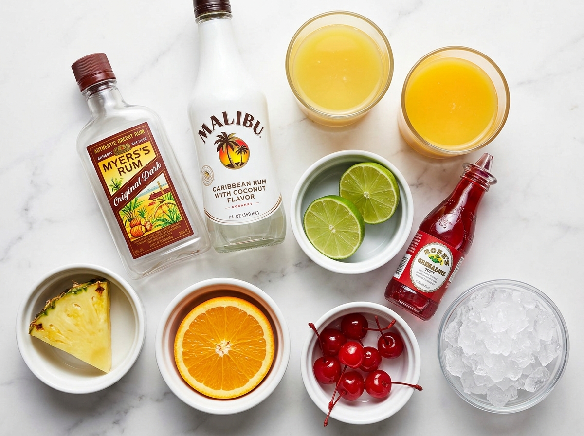 Ingredients for a Bahama Mama cocktail with rum, juices, lime, grenadine, and fruit