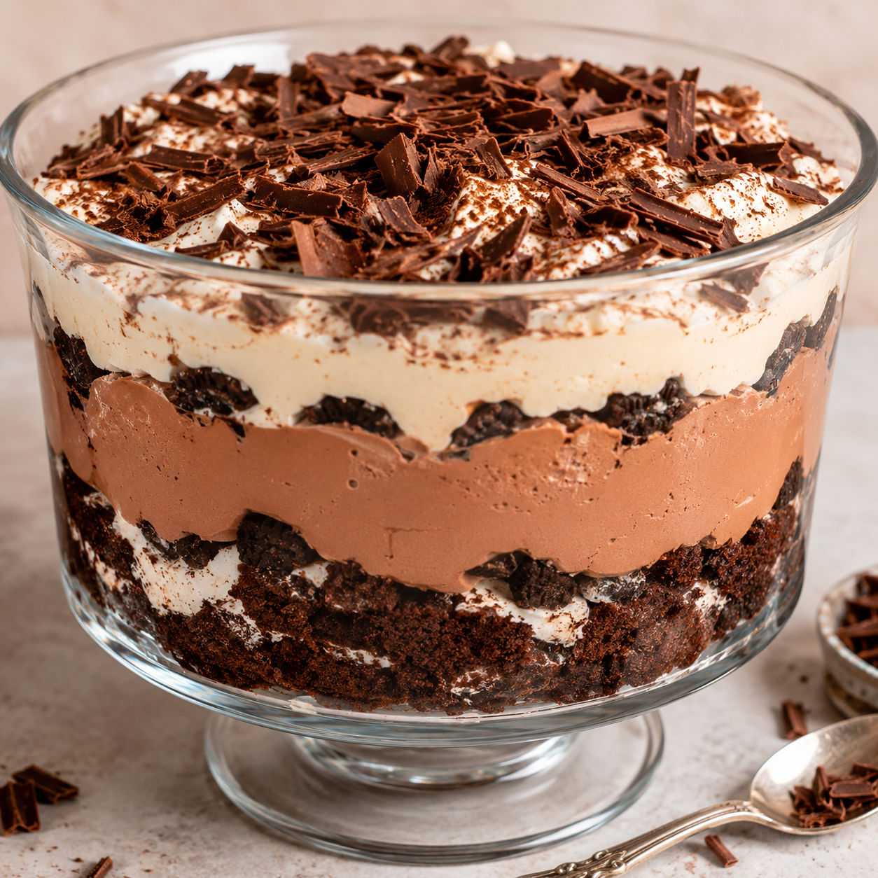Baileys chocolate cheesecake trifle with whipped cream and chocolate shavings