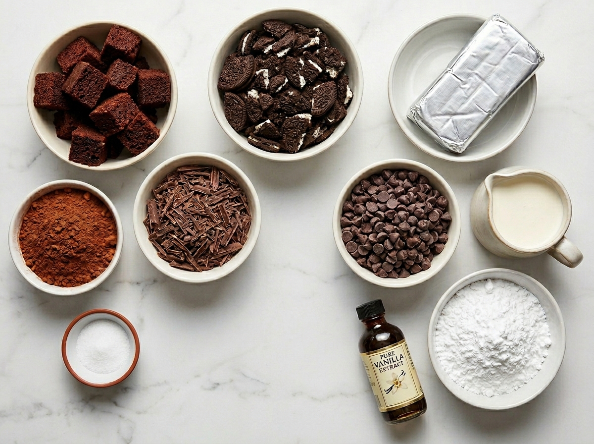 Ingredients for Baileys chocolate cheesecake trifle on a light surface