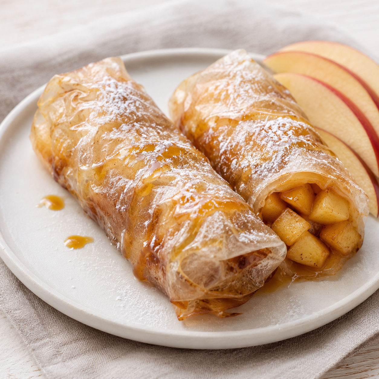 Baked apple pie rice paper rolls with cinnamon apple filling and powdered sugar