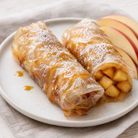 Baked apple pie rice paper rolls with cinnamon apple filling and powdered sugar