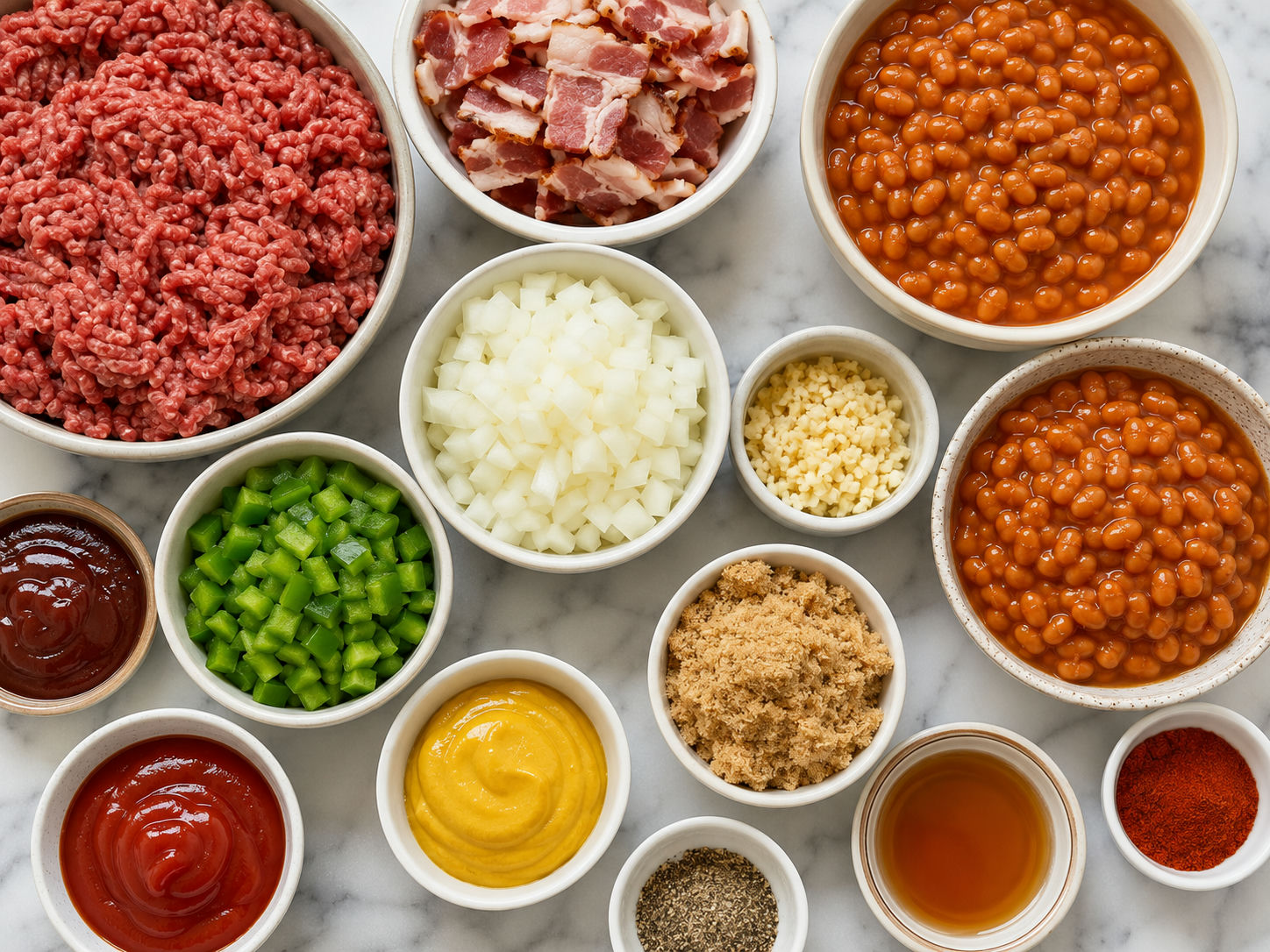 Ingredients for baked beans and ground beef casserole on a wooden table