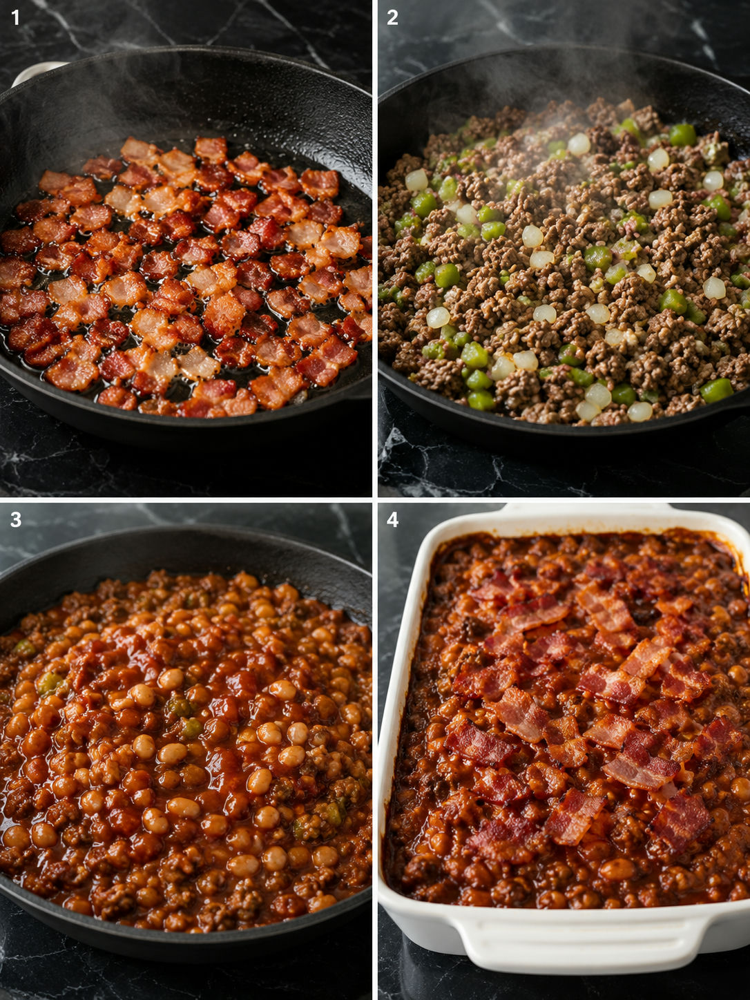 Four steps for making baked beans and ground beef casserole