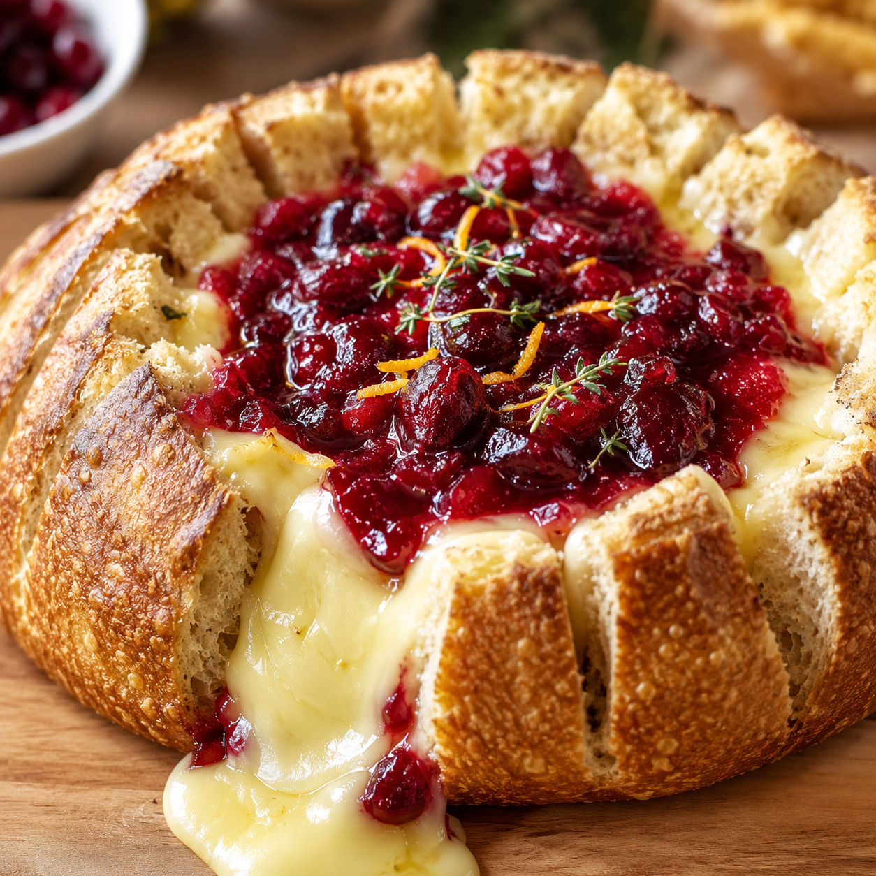 Baked brie bread bowl with cranberry sauce and thyme