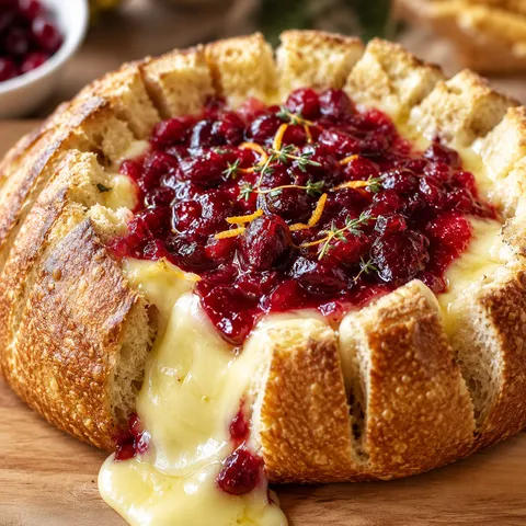 Baked brie bread bowl with cranberry sauce and thyme
