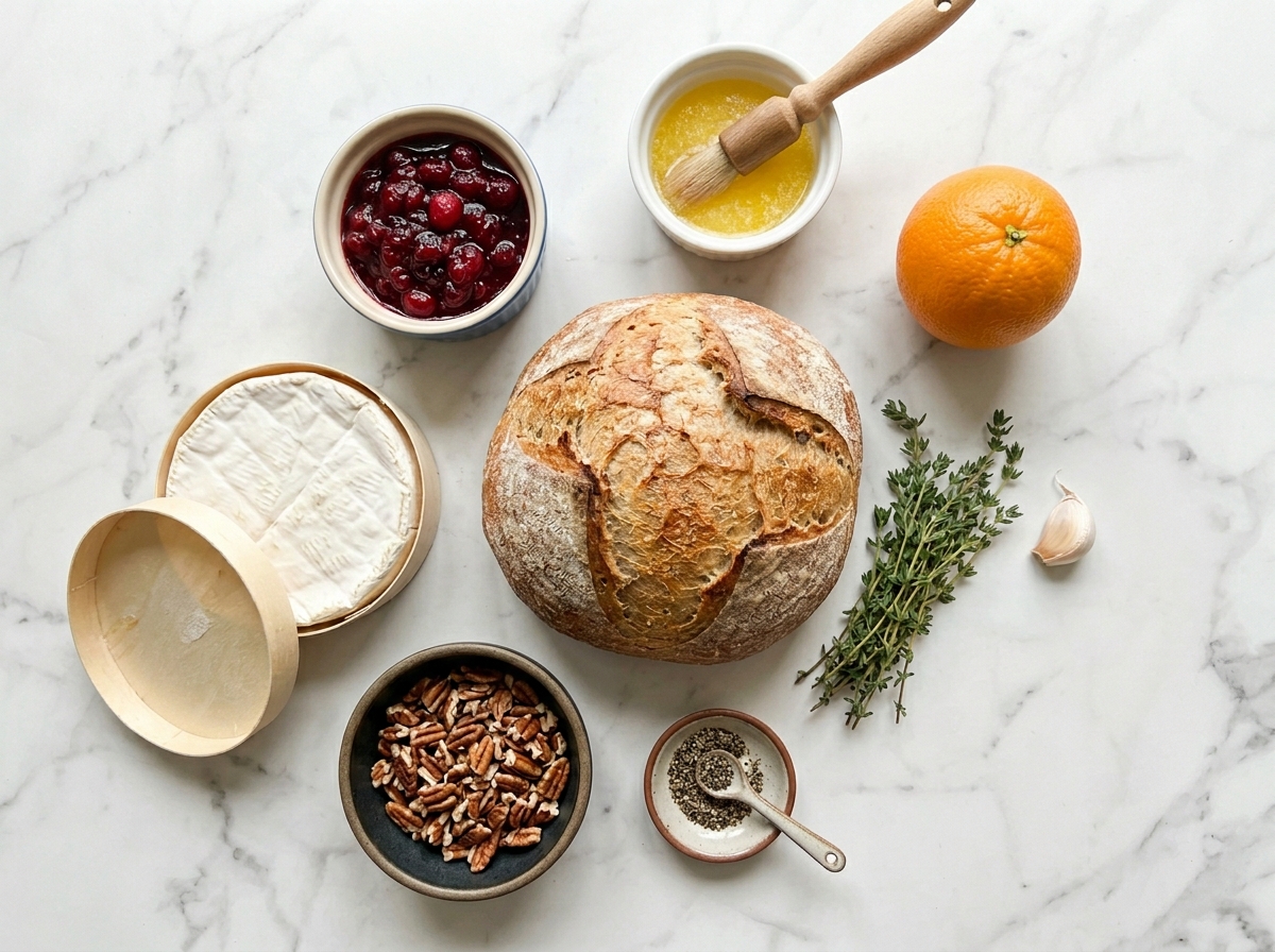 Bread boule, brie, cranberry sauce, thyme, butter, garlic, and orange
