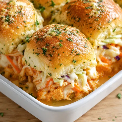 Baked Buffalo chicken sliders with coleslaw and parsley in a white dish