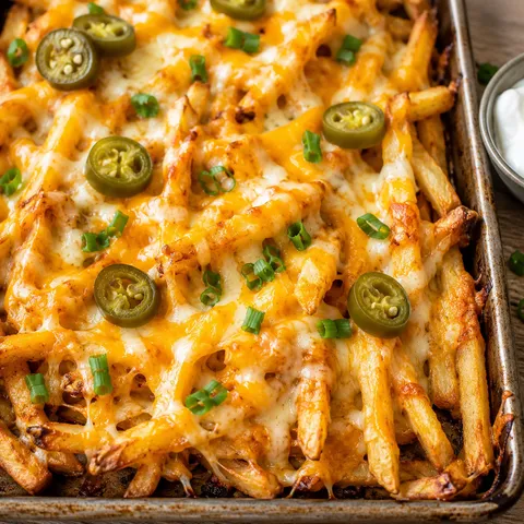 Baked cheese fries with melted cheddar, mozzarella and scallions
