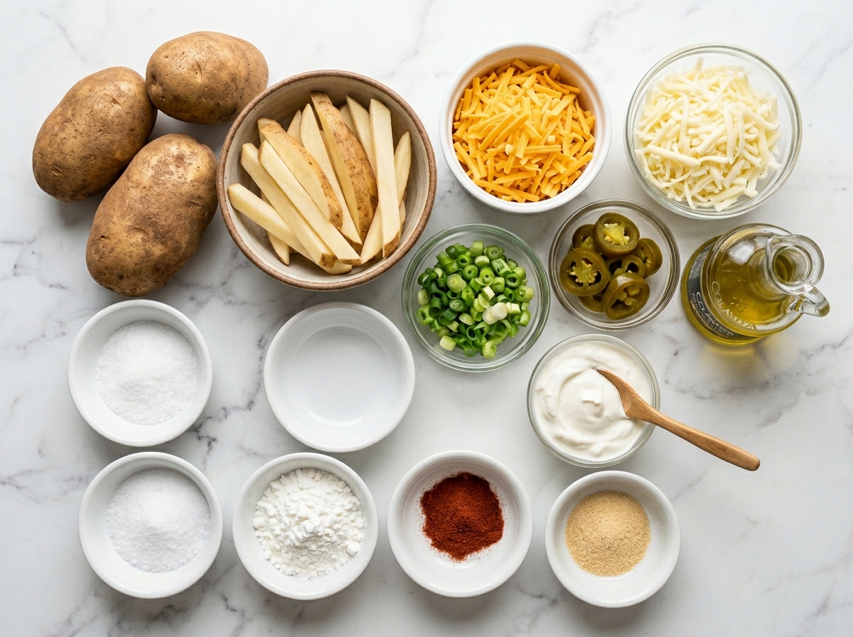 Ingredients for baked cheese fries with potatoes, cheese and scallions