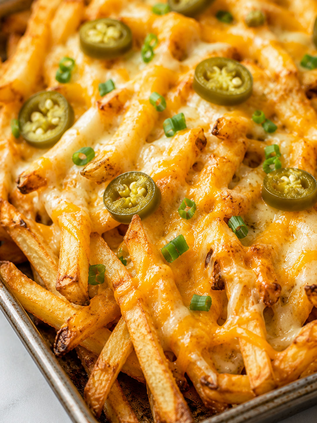 Baked Cheese Fries, plated and served