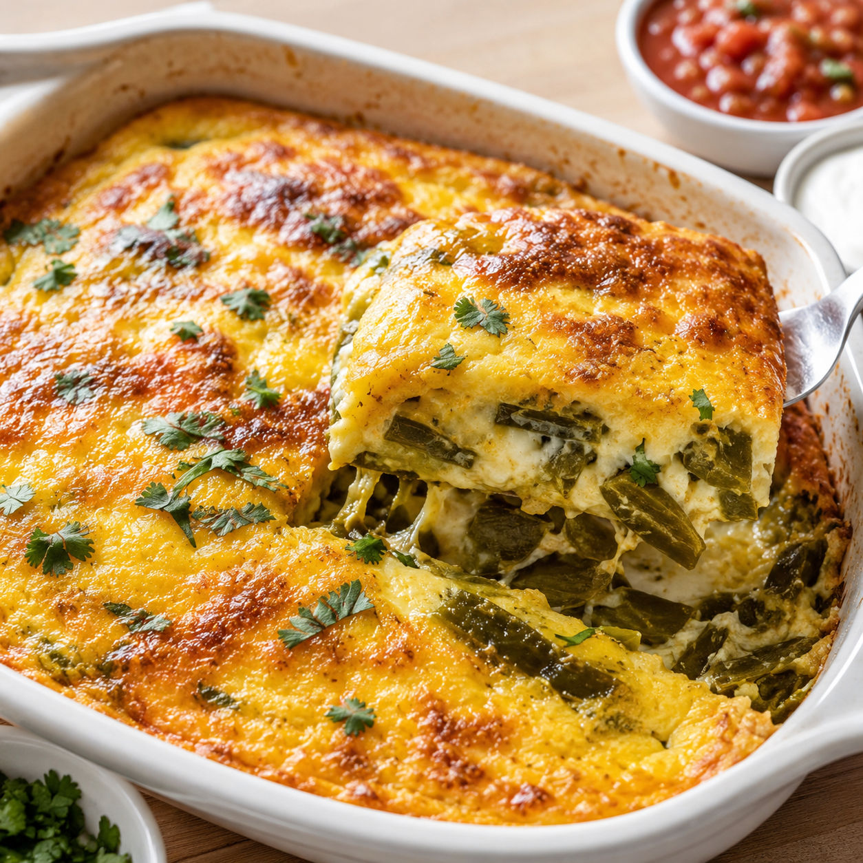 Baked chile rellenos casserole with poblano peppers and melted cheese