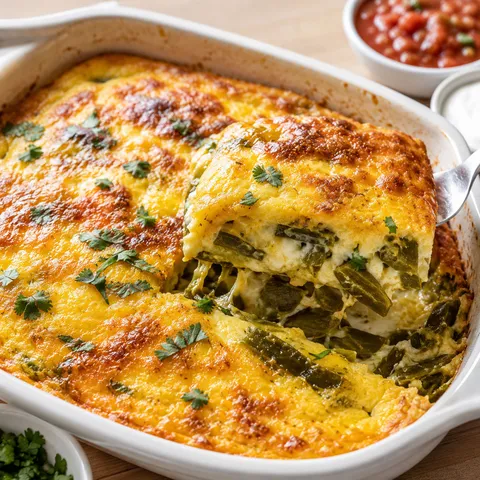 Baked chile rellenos casserole with poblano peppers and melted cheese