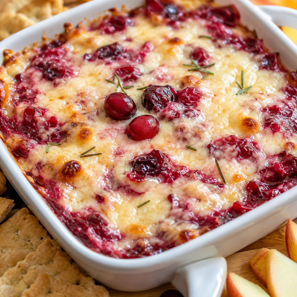 Baked cranberry cream cheese dip with rosemary and crackers