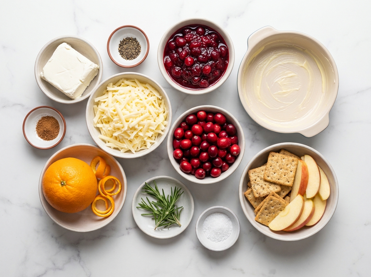 Ingredients for baked cranberry cream cheese dip on a wooden surface