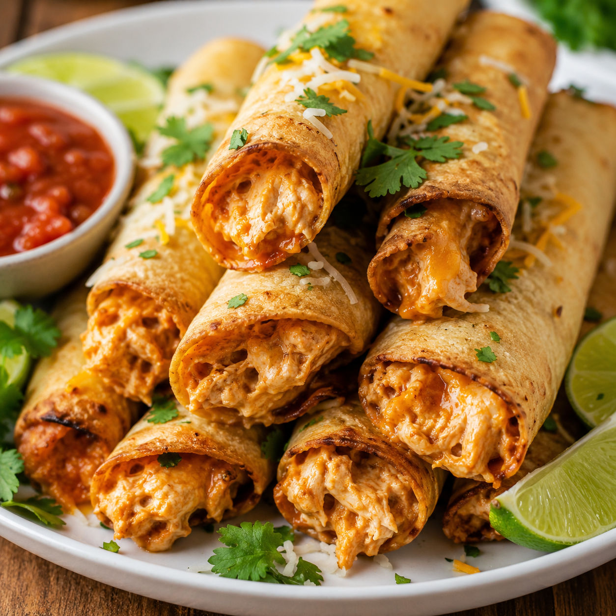Baked cream cheese chicken taquitos with salsa, cheese, cilantro, and lime