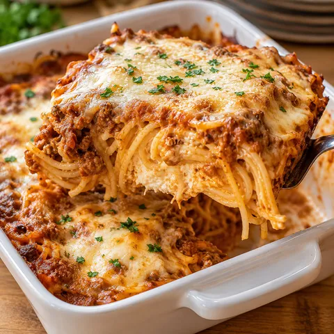 Baked cream cheese spaghetti casserole with Parmesan and parsley