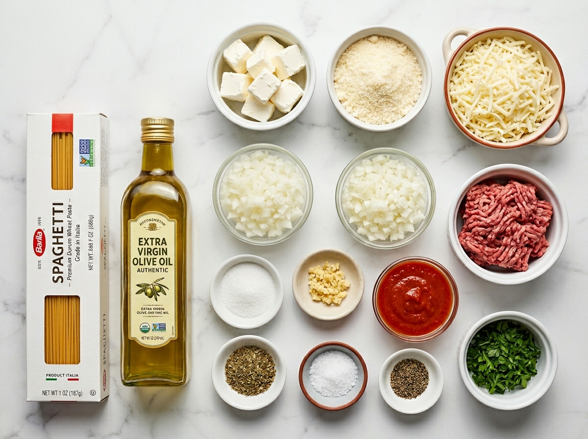 Ingredients for cream cheese spaghetti casserole with beef and Parmesan