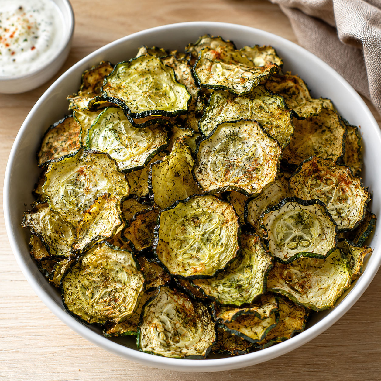 Baked cucumber chips with dill and paprika in a white bowl