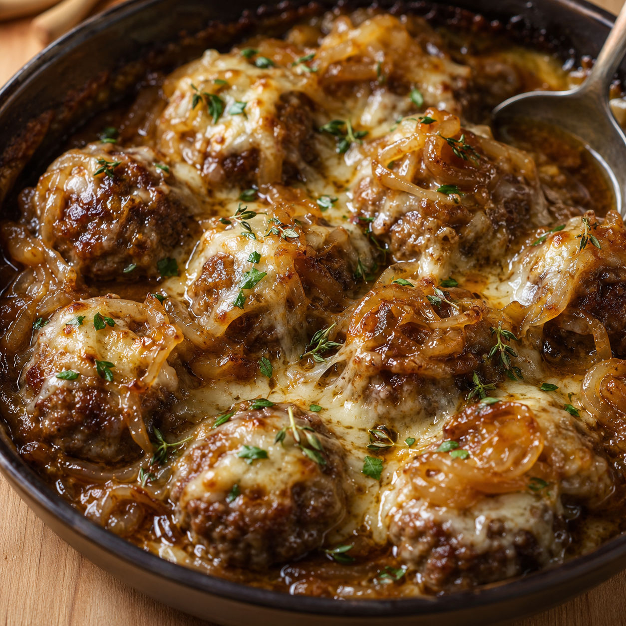 Baked French onion meatballs with Gruyere and caramelized onion gravy