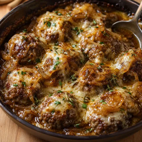 Baked French onion meatballs with Gruyere and caramelized onion gravy