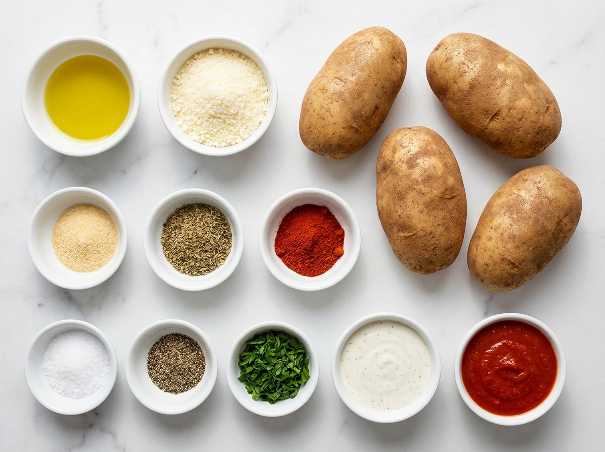 Russet potatoes, parmesan, garlic, herbs, paprika, and parsley