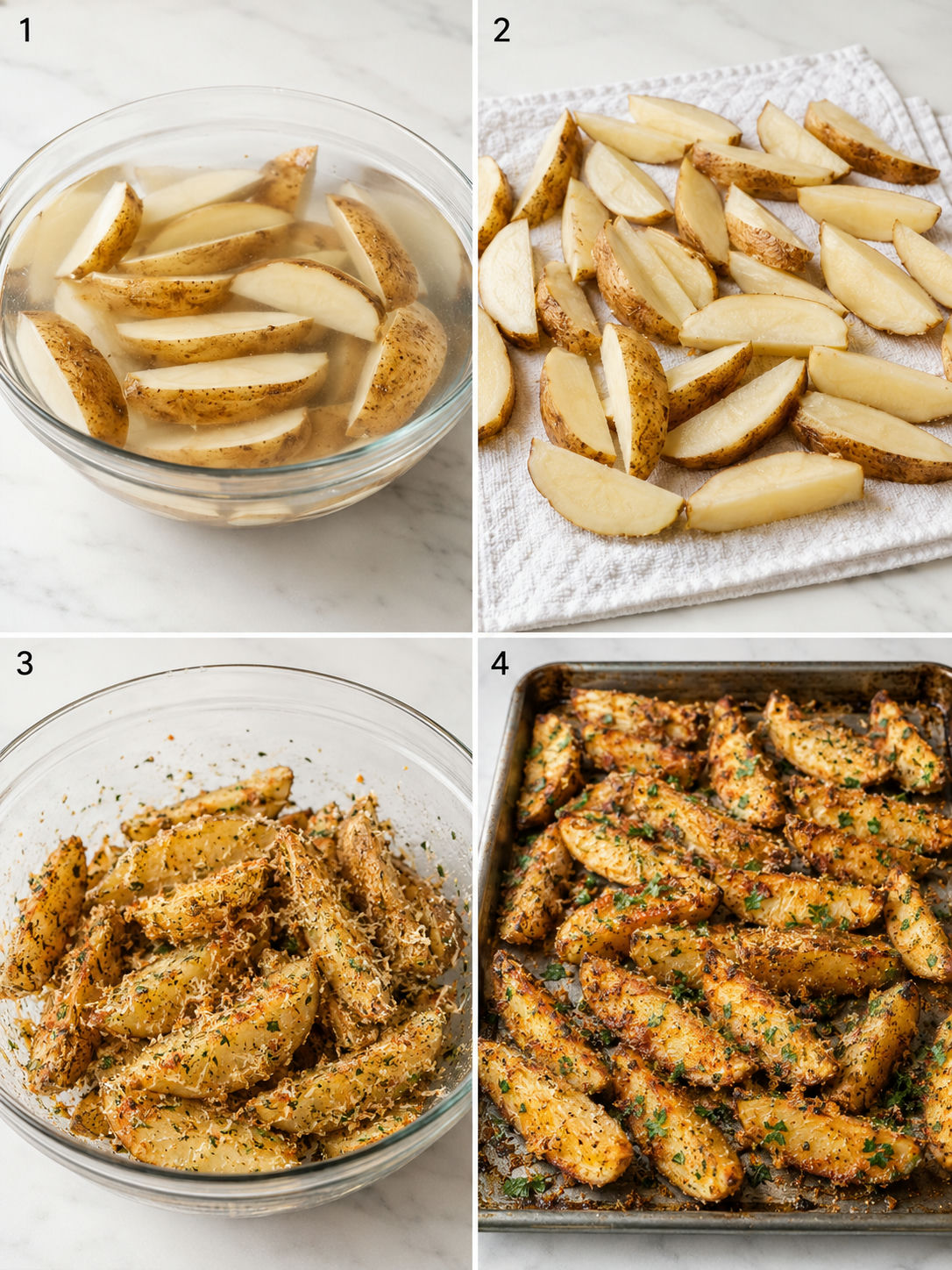 Four cooking steps for garlic parmesan potato wedges