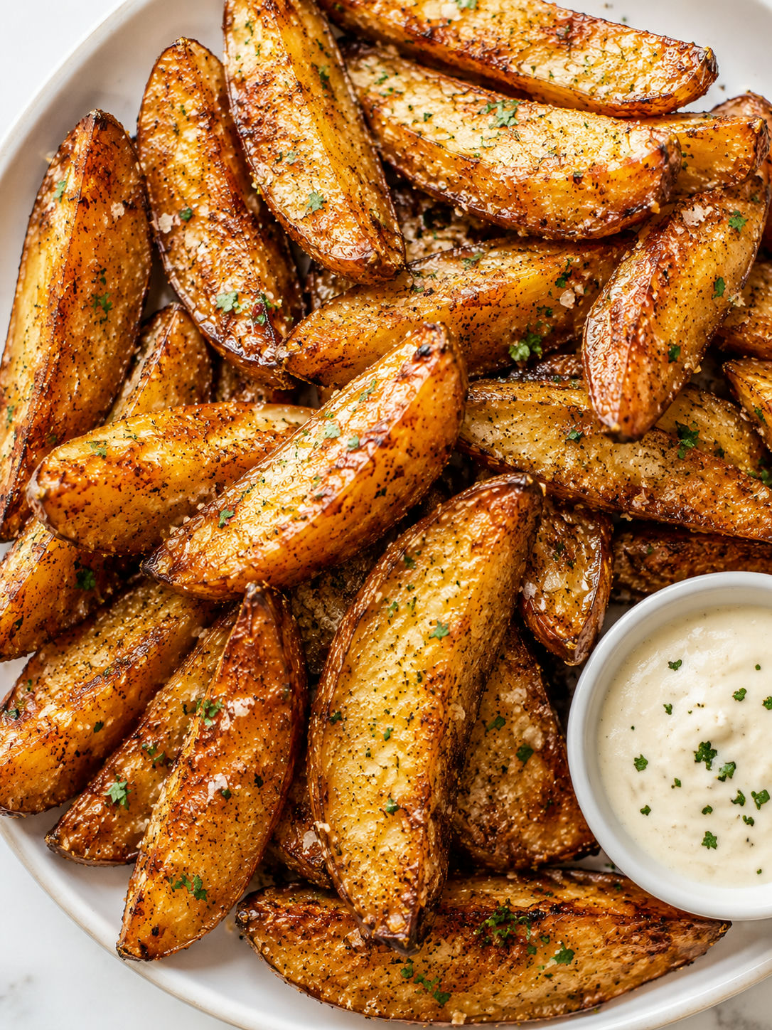 Top-down plate of garlic parmesan potato wedges with parsley