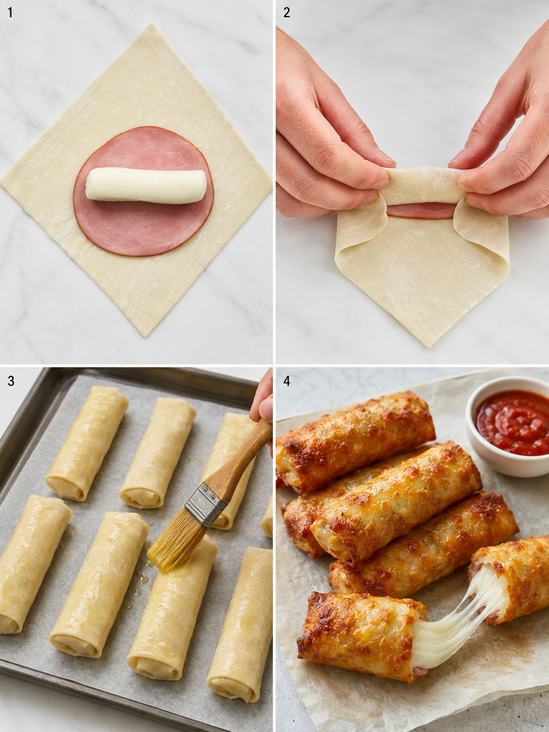Four steps for wrapping and baking ham cheese mozzarella sticks
