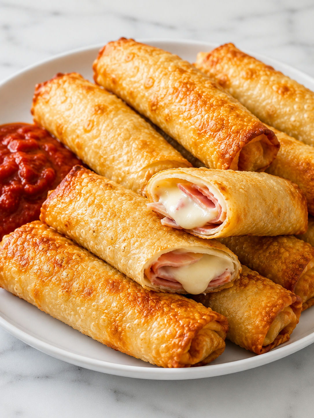 Golden baked ham cheese mozzarella sticks with stretchy cheese and marinara