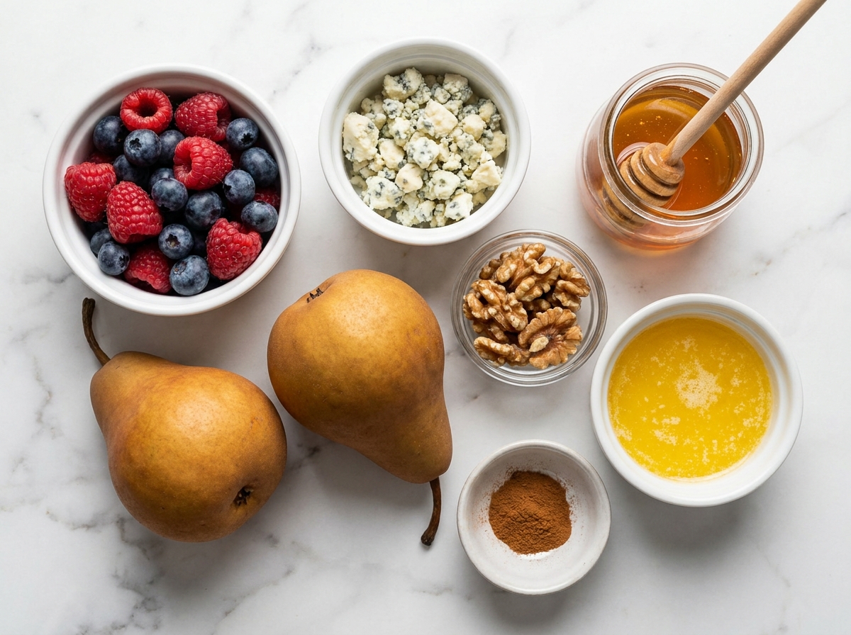 Baked pear ingredients: Bosc pears, mixed berries, blue cheese, walnuts, and honey on marble