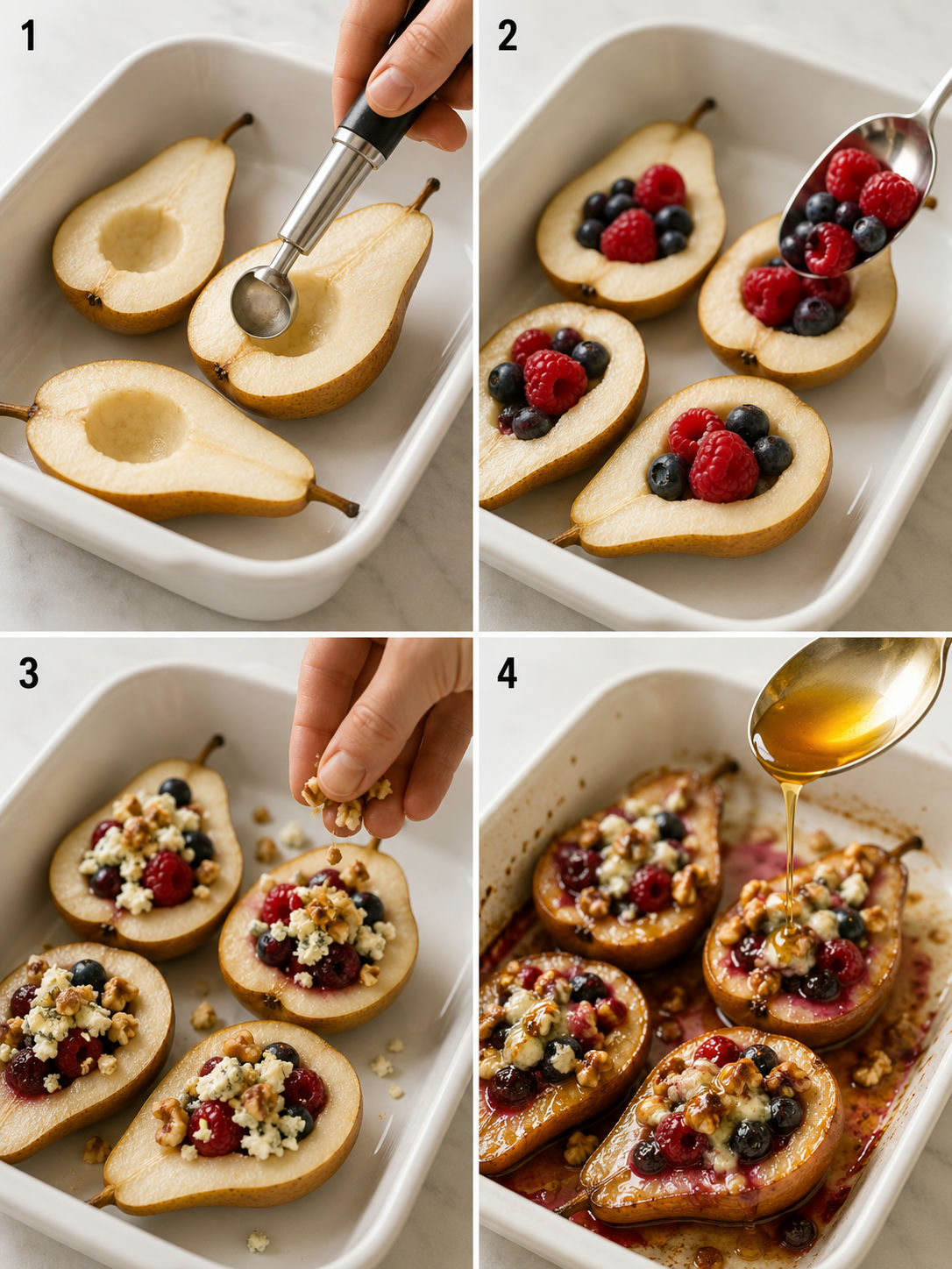 Four steps making baked pears: coring, filling with berries, adding blue cheese, drizzling honey