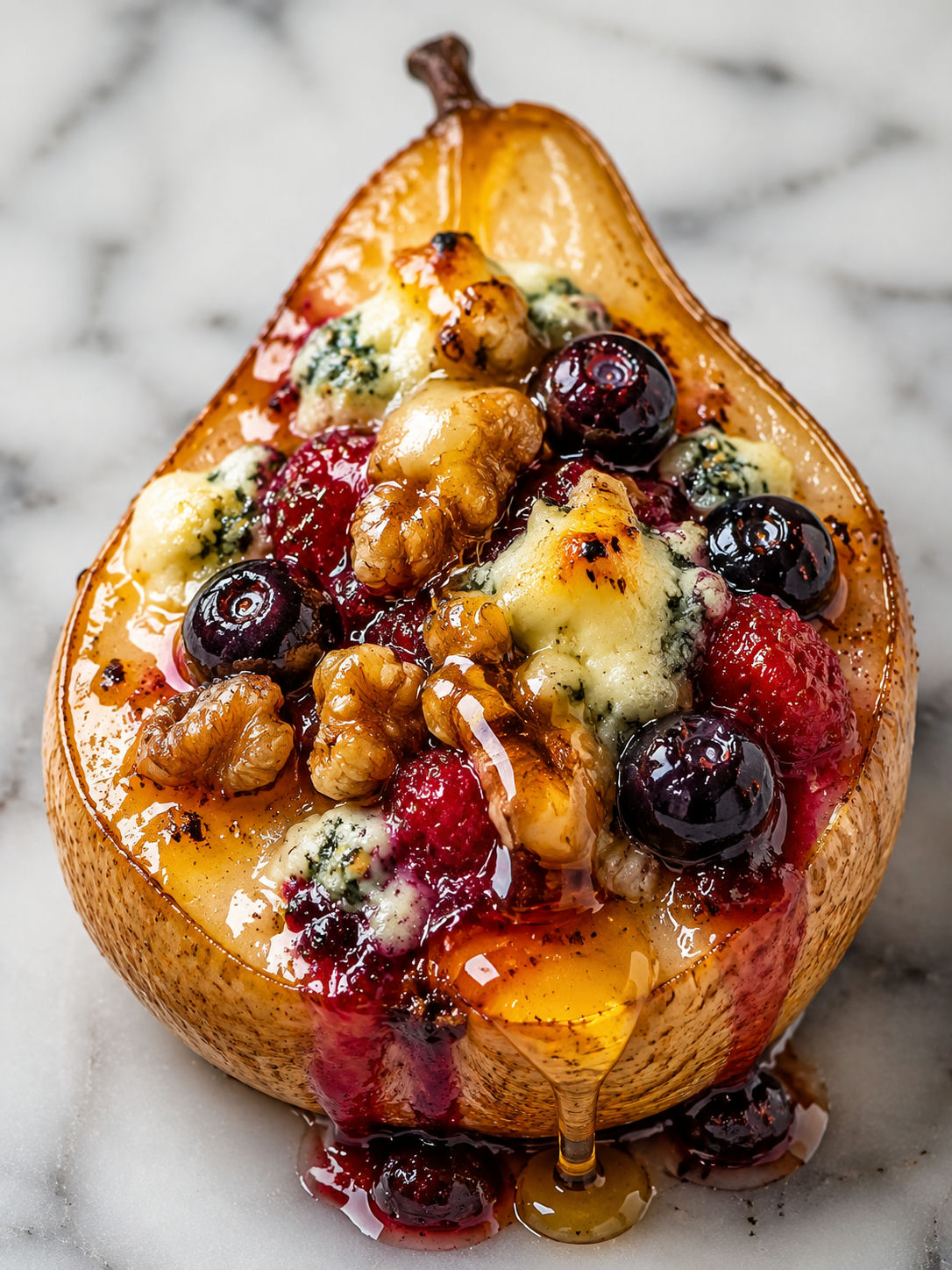 Single baked pear with burst berries, melted blue cheese, walnuts, and honey drizzle