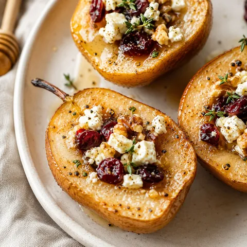 Baked pears with feta, honey, cranberries, walnuts, and thyme